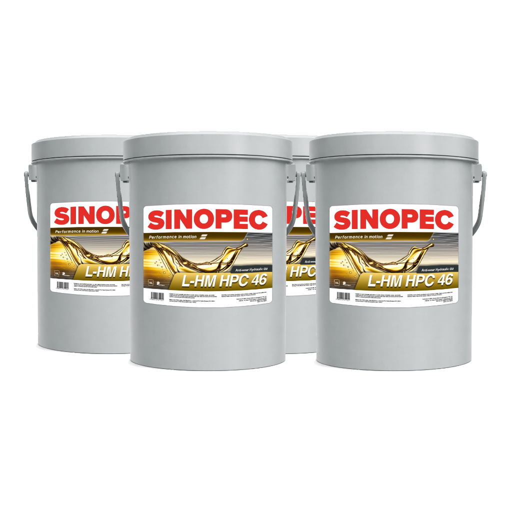 Three large gray metal buckets of Sinopec L-HM FPC-46 motor oil arranged in a row against a solid white background.