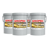 Three large gray metal buckets of Sinopec L-HM FPC-46 motor oil arranged in a row against a solid white background.