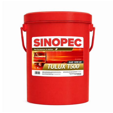 Red Sinopec oil container with a label on a white background