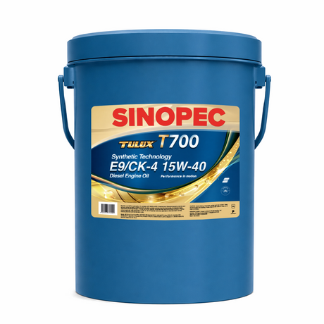 Blue Sinopec oil container with label on a white background