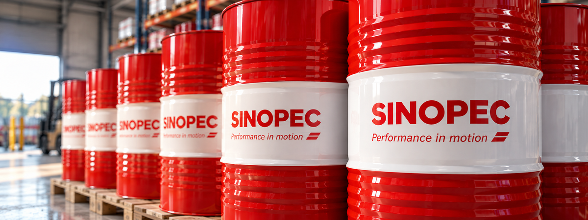 A row of large red metal oil drums with white bands displaying the SINOPEC logo and the slogan 'Performance in motion' in a warehouse setting.